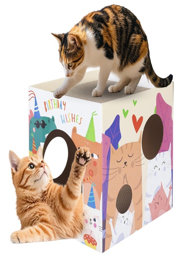 PowerKing Cardboard Cat House with Scratch Pads, Durable 2-Story Corrugated Cat Scratcher Playhouse with Windows, Large Hideout for Indoor Cats & Small Pets, Easy Assembly, 12.01" L × 12.01" W × 11.73" H - Image 1